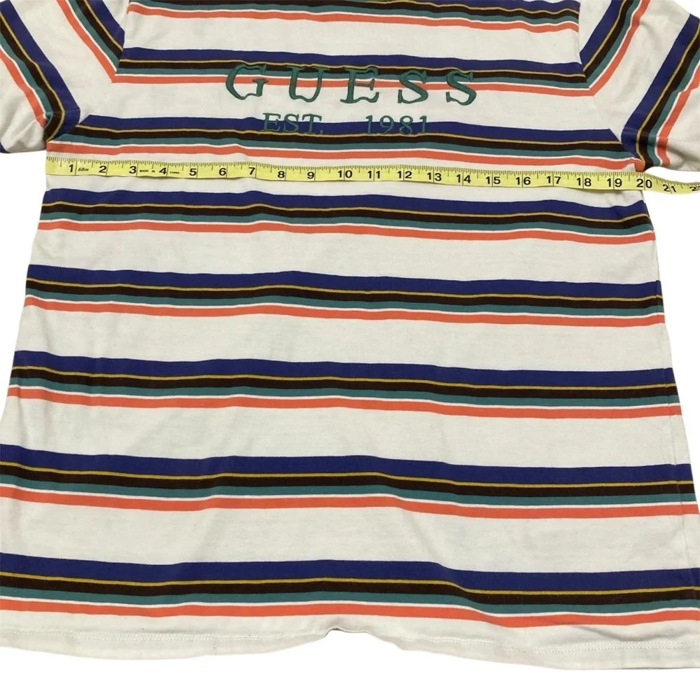 3/$20! Guess Embroidered Logo Striped Shirt Mens Medium Green Orange White Retro - Picture 5 of 6